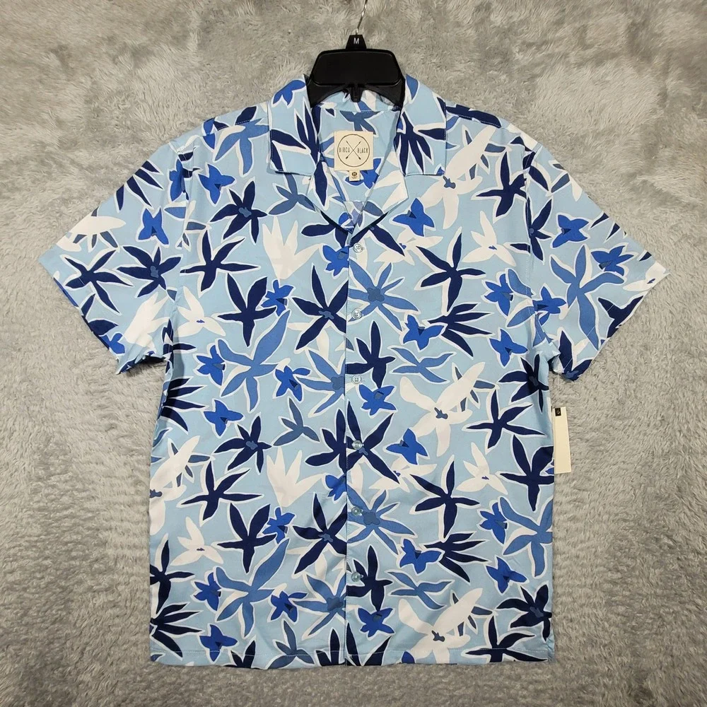 Birch Black Mens Medium Floral Print Hawaiian Camp Shirt Short Sleeve Blue White